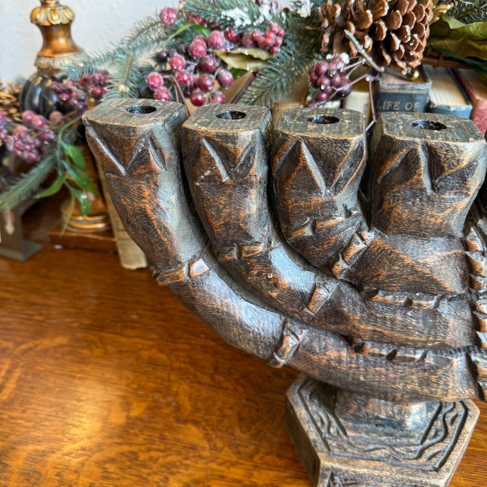 Vintage Large Carved Wood 7 Branch Menorah/Candelabra Signed - Picture 6 of 17